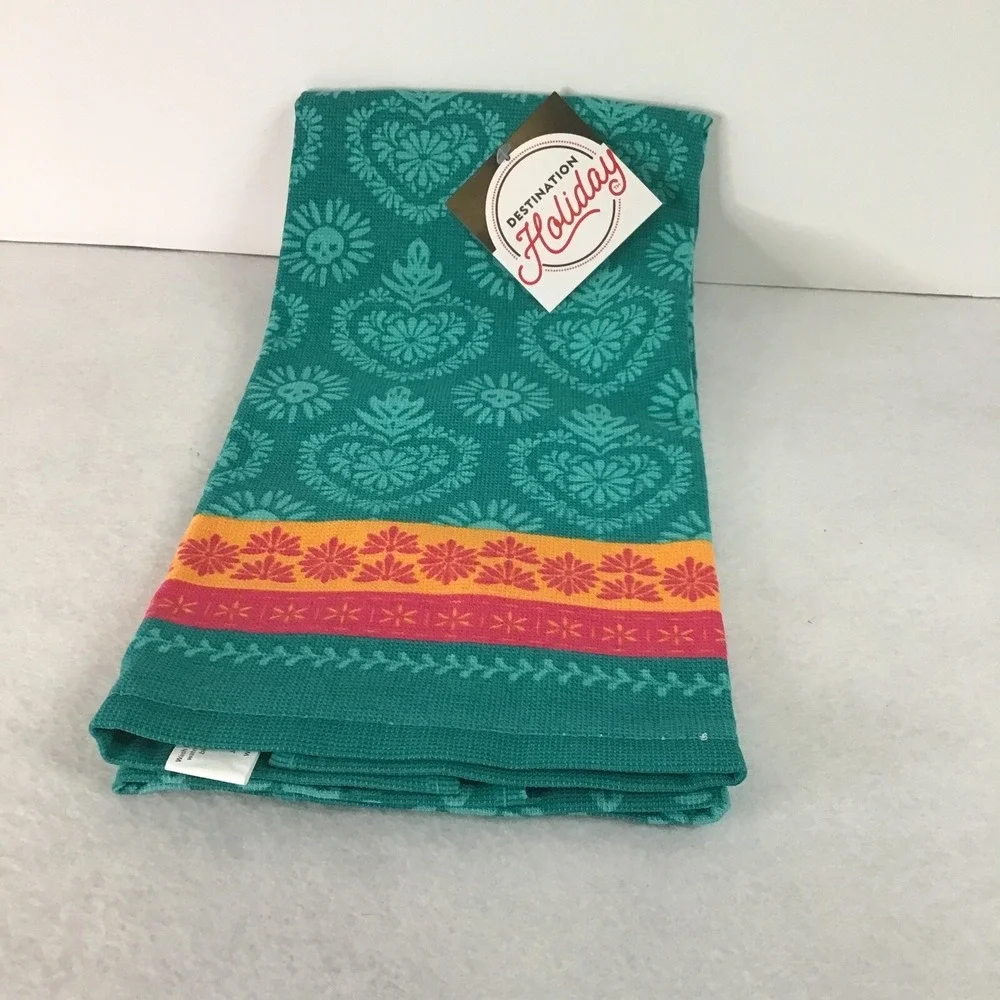 Day of Dead Pair of Kitchen Towels Deep‎ Teal Flame Heart Destination Holiday